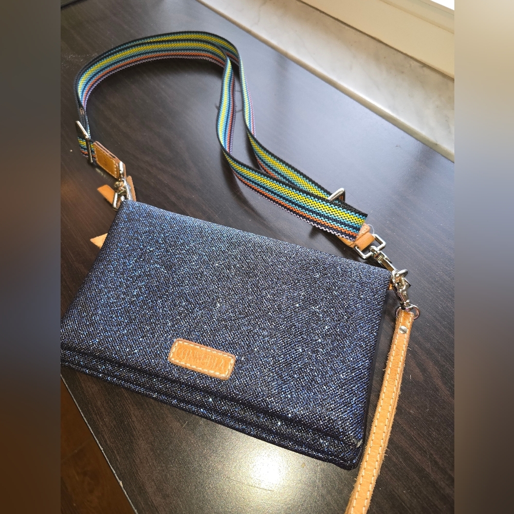 Consuela Denim Crossbody Bag with Rainbow Strap